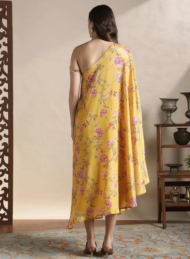 جلو باص فستان ميدي نسائي بكتف واحد وطبعات زهور صفراء